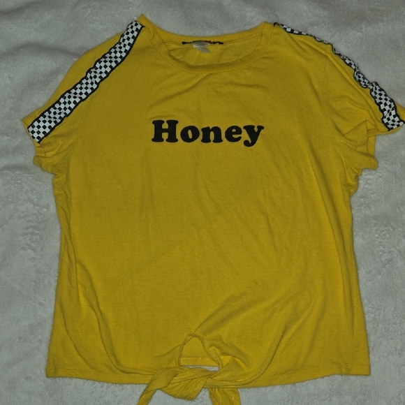 Posh Posh M Yellow Tie Front B&W Checked Flirty "HONEY" TEE 100% Says LOOK @ ME! - Picture 1 of 8